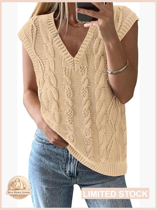 Sweaters - Oversized Cable Knit Sweater Vest V-Neck Loose Fit Pullover Casual Chic
